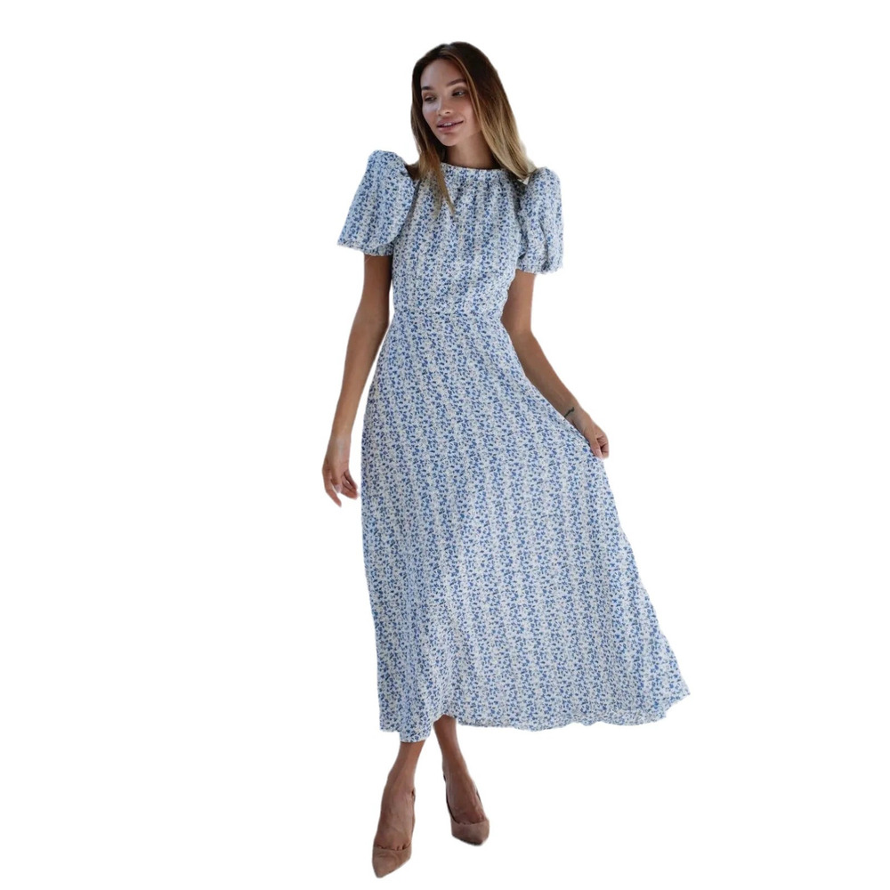 ZARA Elegant Summer Blue Floral Print Puff Sleeve Maxi Dress - Picture 5 of 5